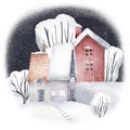 Watercolor hand drawn winter scene. Illustration of snowy winter forest landscape with red house, cute village, snowfall Royalty Free Stock Photo