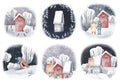 Watercolor hand drawn winter scenes. Illustrations of snowy walk in the winter forest landscape with red houses, trees