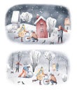 Watercolor hand drawn winter scenes. Illustrations of snowy walk in the winter forest landscape with red houses, cute