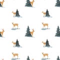 Watercolor hand drawn winter seamless pattern with spotted deers family in  coniferous forest isolated on white background. Royalty Free Stock Photo