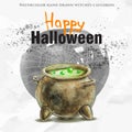 Watercolor hand drawn witch cauldron with green poison