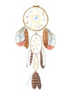 Watercolor hand drawn wood dream catcher with feathers, pearls, shells, moonstone