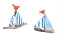 Watercolor hand drawn wooden boats with striped sails isolated on white Royalty Free Stock Photo