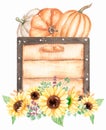 Watercolor hand drawn wooden box with pumpkins and sunflower bouquet illustration, garden decor clipart, harvest clip art Royalty Free Stock Photo