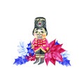 Watercolor hand drawn wooden toy soldier - nutcracker. Royalty Free Stock Photo