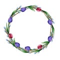 Watercolor hand drawn wreath of tulips and willow branches.