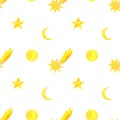 Watercolor hand drawn yellow stars, moon and comets seamless pattern isolated on white background.