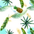 Watercolor hand-made illustration of banana, pineapple, coconut and palm trees, isolated on white background. Royalty Free Stock Photo