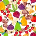 Watercolor hand paint bouquet eco food organic pear tomato turnnip radish fig orange mushroom beetroot seamless