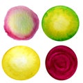 Watercolor hand painted abstract Yellow green pink circle background set. Subtle ink gradient on textured paper Royalty Free Stock Photo