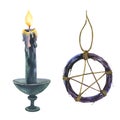 Watercolor hand painted antique holder, black candle and Pentagram symbol made of whip illustration, isolated on white