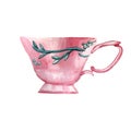 Watercolor hand painted antique pink cup decorated with turquoise branches and berries. Cozy illustration in vintage style