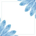Watercolor hand painted bird design squared frame with light blue fluffy feathers fan bouquet composition in the corners Royalty Free Stock Photo