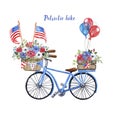 Watercolor hand painted blue patriotic bicycle with US flags, red, white and blue balloons, flowers in a basket Royalty Free Stock Photo