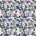 Watercolor hand painted blue, violet hydrangea, green leaves seamless pattern. Floral arrangement on white background