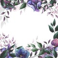 Watercolor hand painted blue, violet hydrangea, green, pink leaves frame. Floral arrangement on white background