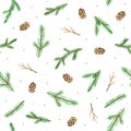 Cute Seamless Christmas Pattern with Spruce, Branches and Fir Cones on White Background