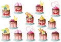 Watercolor hand painted cakes collection with thirteen cupcakes isolated on the white background.