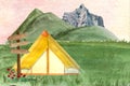 Watercolor camping yellow tent mountain sunrise scenery Royalty Free Stock Photo