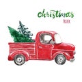 Watercolor hand painted Christmas car with spruce or pine trees. Watercolor red abstract truck, New Years holiday illustration Royalty Free Stock Photo