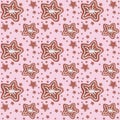 Watercolor hand painted Christmas illustration pink seamless gingerbread iced stars cookies pattern