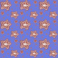 Watercolor hand painted Christmas illustration dark blue seamless gingerbread iced stars cookies pattern