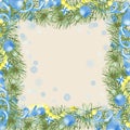 Watercolor, hand-painted, Christmas square frame, green cedar branches decorated with blue balls, garlands, white snowflakes. Royalty Free Stock Photo