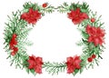 Watercolor hand painted christmas wreath with red flower poinsettia, green leaves and branches Royalty Free Stock Photo