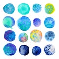 Watercolor hand painted circle shape design elements. Hand drawn bluw and turquoise watercolor circles isolated on white Royalty Free Stock Photo