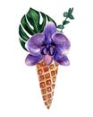 Watercolor hand painted composition consisting of tropic plants in a waffle cone. Bright clip art is perfect for design of