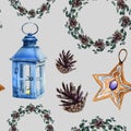Watercolor hand painted cozy Christmas seamless pattern including candleholder and wreath of eucalyptus branches and pine cones on Royalty Free Stock Photo