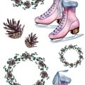 Watercolor hand painted cozy Christmas seamless pattern including pink vintage ice skates and wreath of eucalyptus branches and Royalty Free Stock Photo