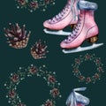 Watercolor hand painted cozy Christmas seamless pattern with pink vintage ice skates. Royalty Free Stock Photo