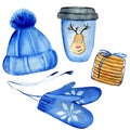 Watercolor hand painted cozy winter set including blue knitted hat and mittens, cup of coffee to go designed with funny Christmas Royalty Free Stock Photo