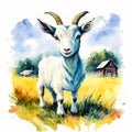 Watercolor hand painted cute goat on the farm. Royalty Free Stock Photo