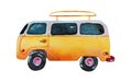 Watercolor hand painted cute yellow bus on the hot summer beach illustration for your art and design.Is good for post