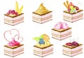 Watercolor hand painted dessert collection with seven cakes isolated on the white background.