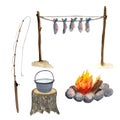 Watercolor fishing drying fish bonfire isolated on white