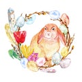 Watercolor hand painted Easter bunny and wreath with colored eggs, twigs, tree branch, crocus flowers isolated. Easter symbols set Royalty Free Stock Photo