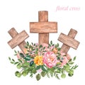 Watercolor hand painted Easter cross with pink spring flowers, isolated on white background