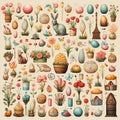Watercolor hand painted Easter seamless pattern with colored eggs, bird nest, twigs, tree branch, wreath. Decorative elements Royalty Free Stock Photo