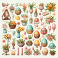 Watercolor hand painted Easter seamless pattern with colored eggs, bird nest, twigs, tree branch, wreath. Decorative elements Royalty Free Stock Photo