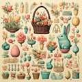 Watercolor hand painted Easter seamless pattern with colored eggs, bird nest, twigs, tree branch, wreath. Decorative elements Royalty Free Stock Photo