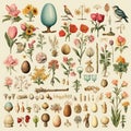 Watercolor hand painted Easter seamless pattern with colored eggs, bird nest, twigs, tree branch, wreath. Decorative elements Royalty Free Stock Photo