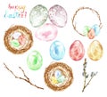 Watercolor hand painted Easter set with colored eggs, bird nest, twigs, tree branch, decorative wreath isolated.