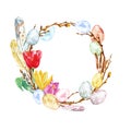 Watercolor hand painted Easter wreath with colored eggs, twigs,feathers, tree branch, tulip flowers isolated. Royalty Free Stock Photo