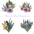 Watercolor hand painted floral arrangements with wild meadow flowers poppies, cornflowers, california poppies, leaves, buds Royalty Free Stock Photo
