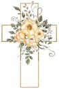 Watercolor hand painted floral cross with golden frame clipart, Easter Religious illustration, greenery and yellow peony cross, Royalty Free Stock Photo