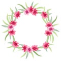 Watercolor hand painted floral round frame with green leaves and  pink flowers isolated on white Royalty Free Stock Photo