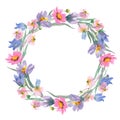 Watercolor hand painted floral round frame with pink and purple wild flowers isolated on white Royalty Free Stock Photo